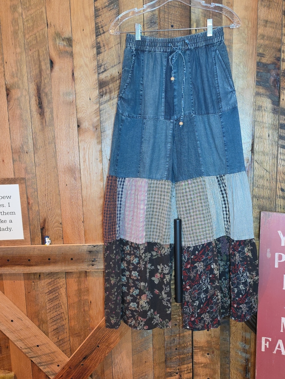 217p Young Threads Boho Patchwork Pants- Denim & Floral